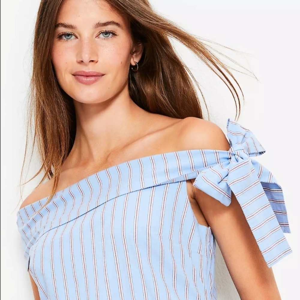 LOFT Light Blue Striped One-Shoulder Bow Top